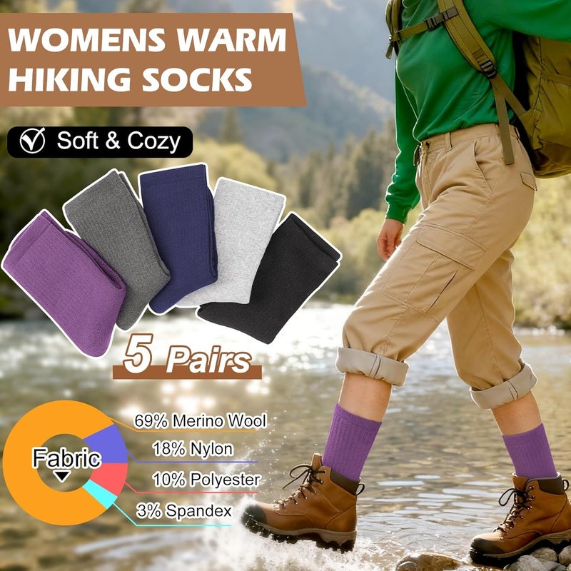 SEEKSOCK Store 5 Pairs Womens Merino Wool Hiking Socks Winter Warm Crew Moisture Wicking Thick Cushioned Striped Boot Socks - Image 5